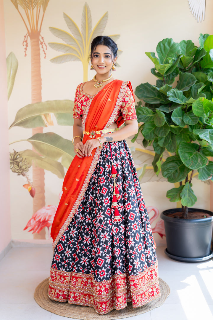 Red and Black Teliya Rumal Bridal Half Saree