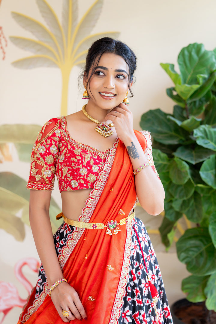Red and Black Teliya Rumal Bridal Half Saree