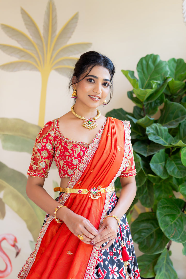 Red and Black Teliya Rumal Bridal Half Saree