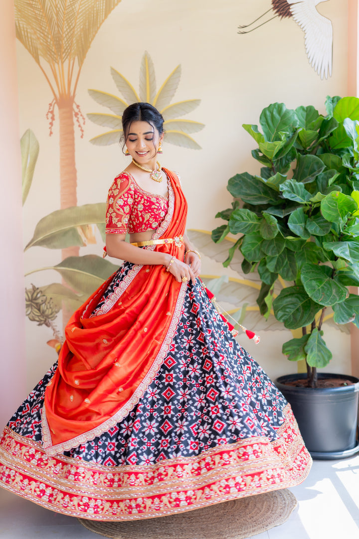 Red and Black Teliya Rumal Bridal Half Saree