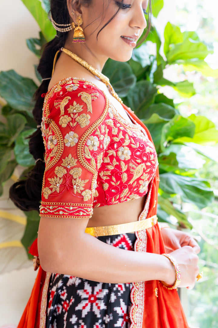 Red and Black Teliya Rumal Bridal Half Saree
