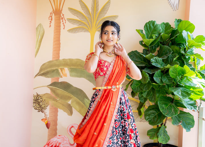 Red and Black Teliya Rumal Bridal Half Saree