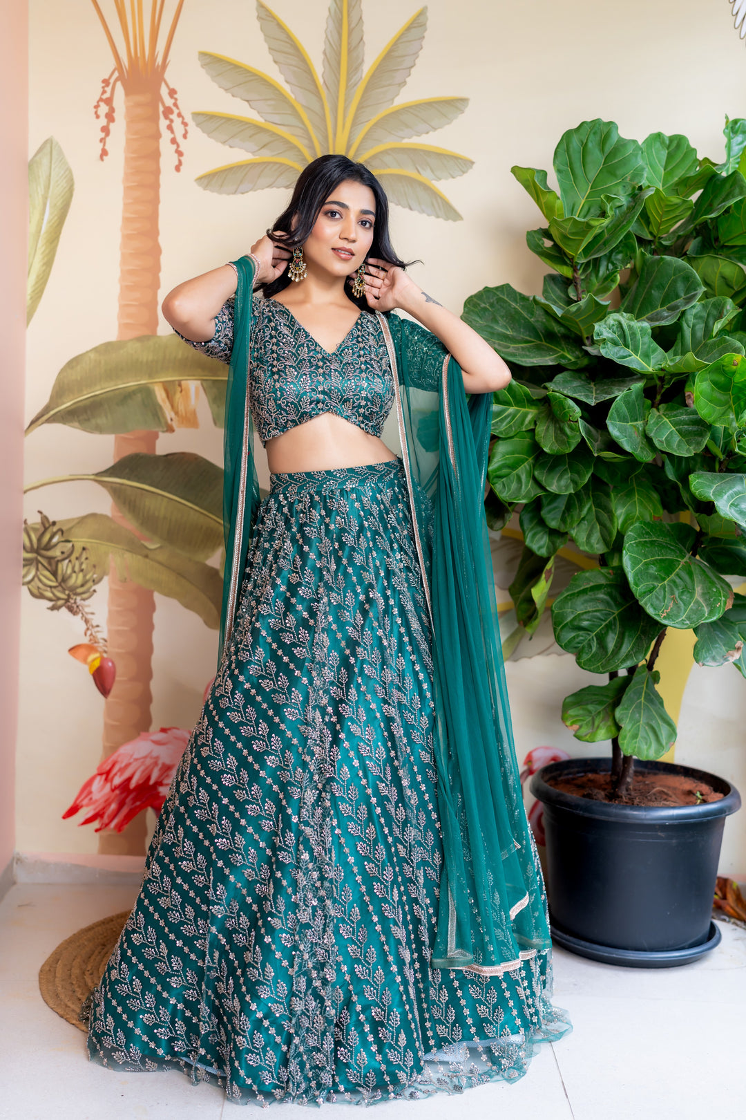Green  Embroidery Lehenga