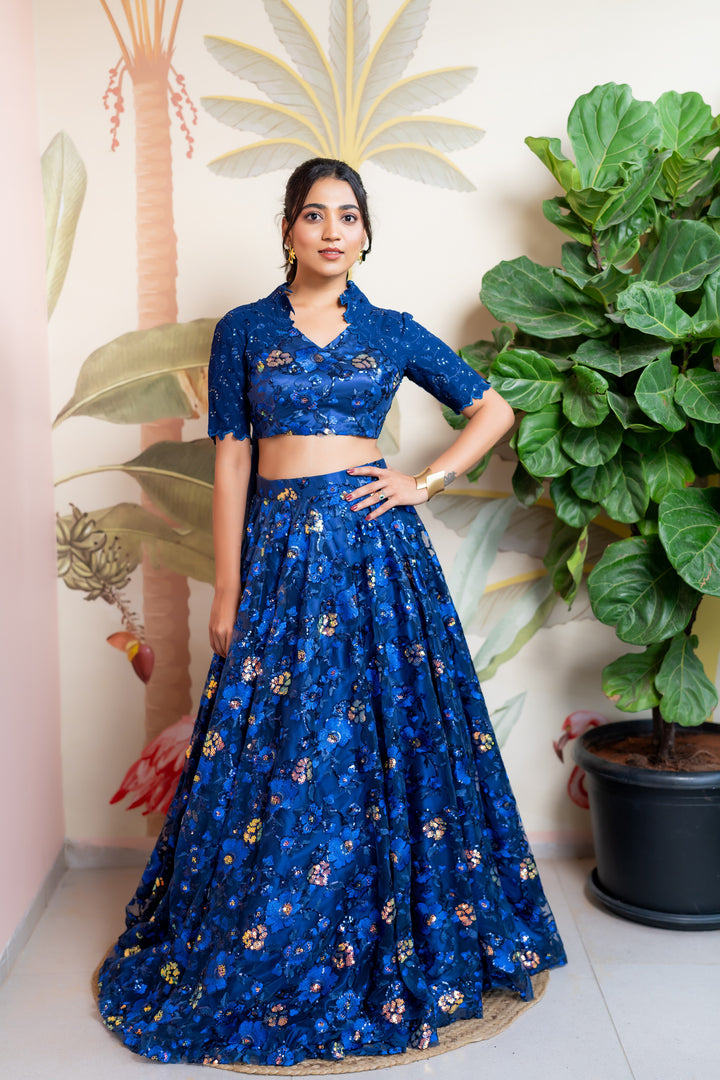 Blue thread and sequin embroidery lehenga