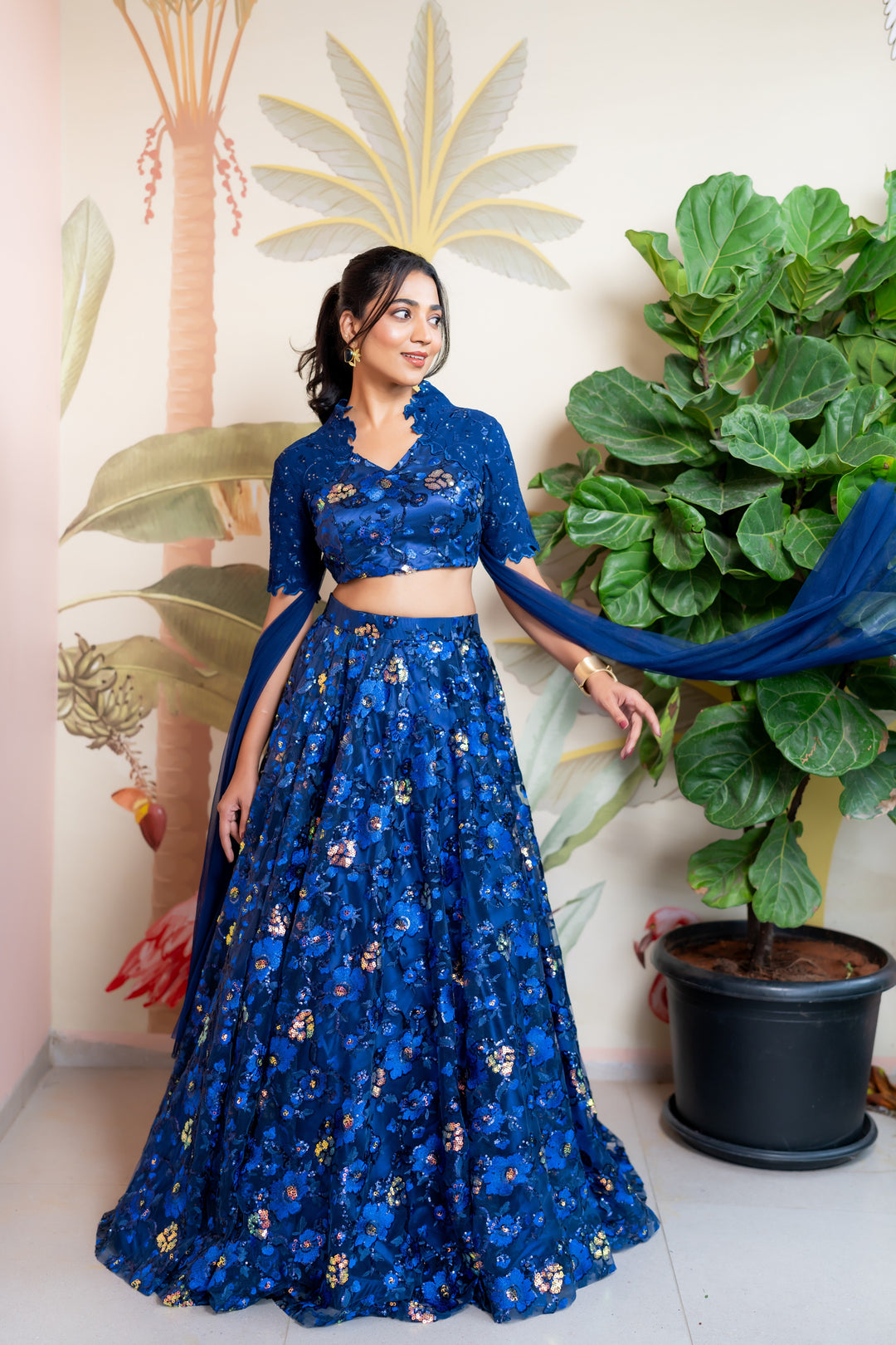 Blue thread and sequin embroidery lehenga