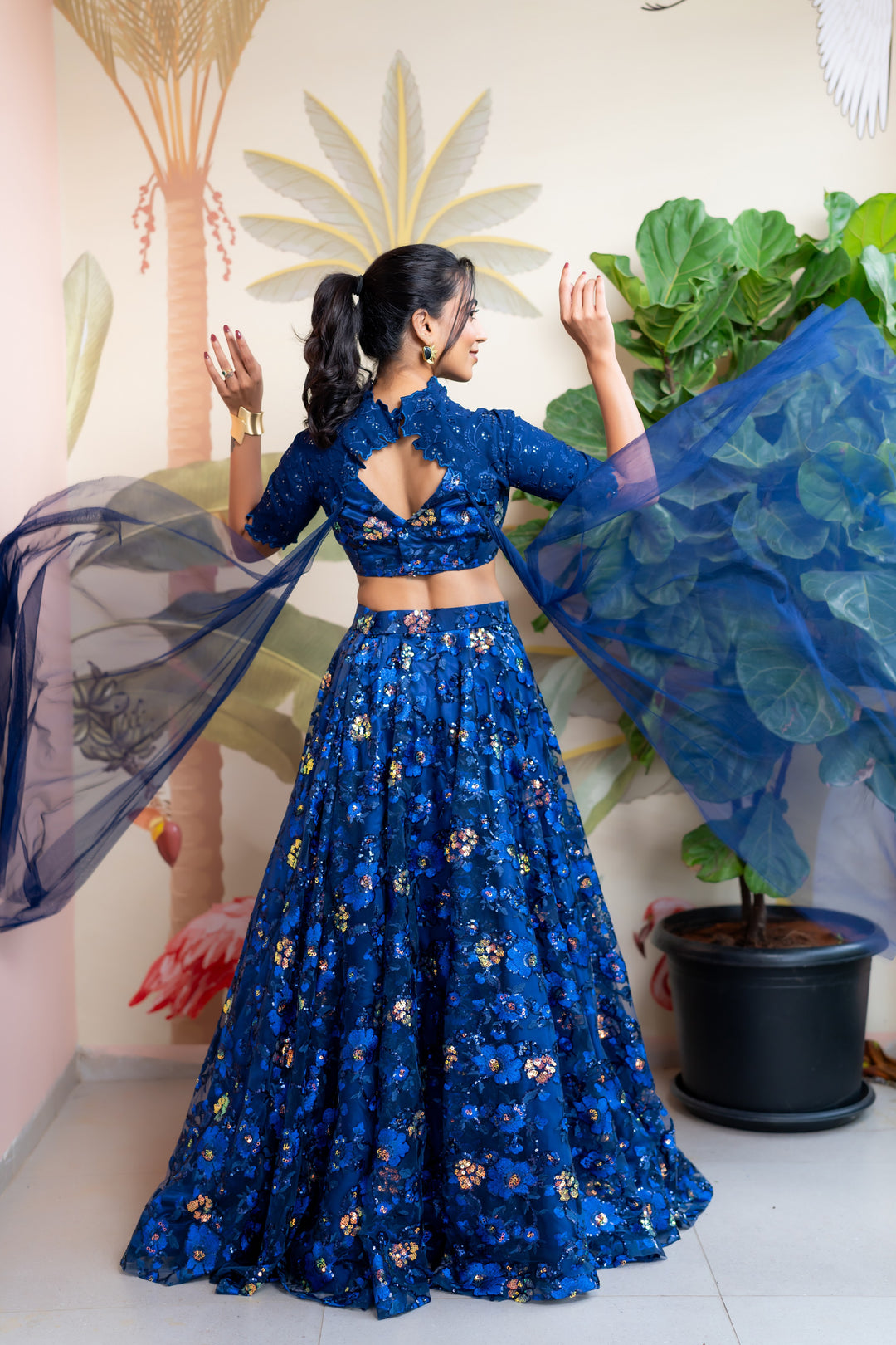 Blue thread and sequin embroidery lehenga