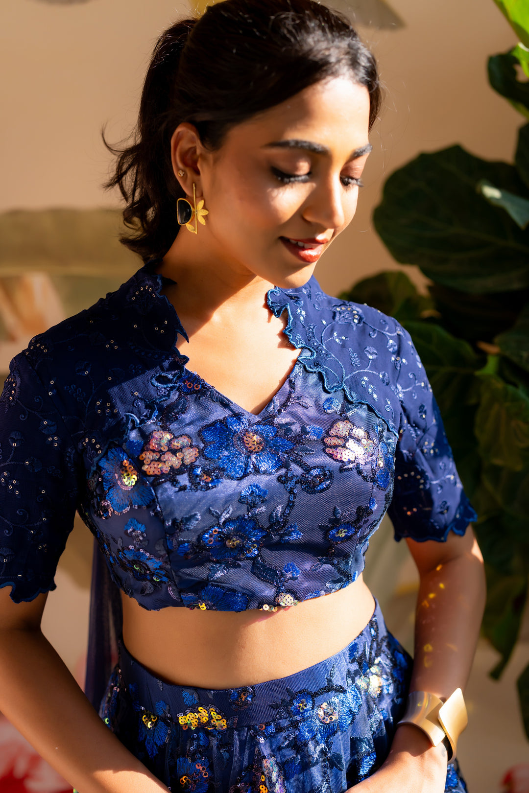 Blue thread and sequin embroidery lehenga