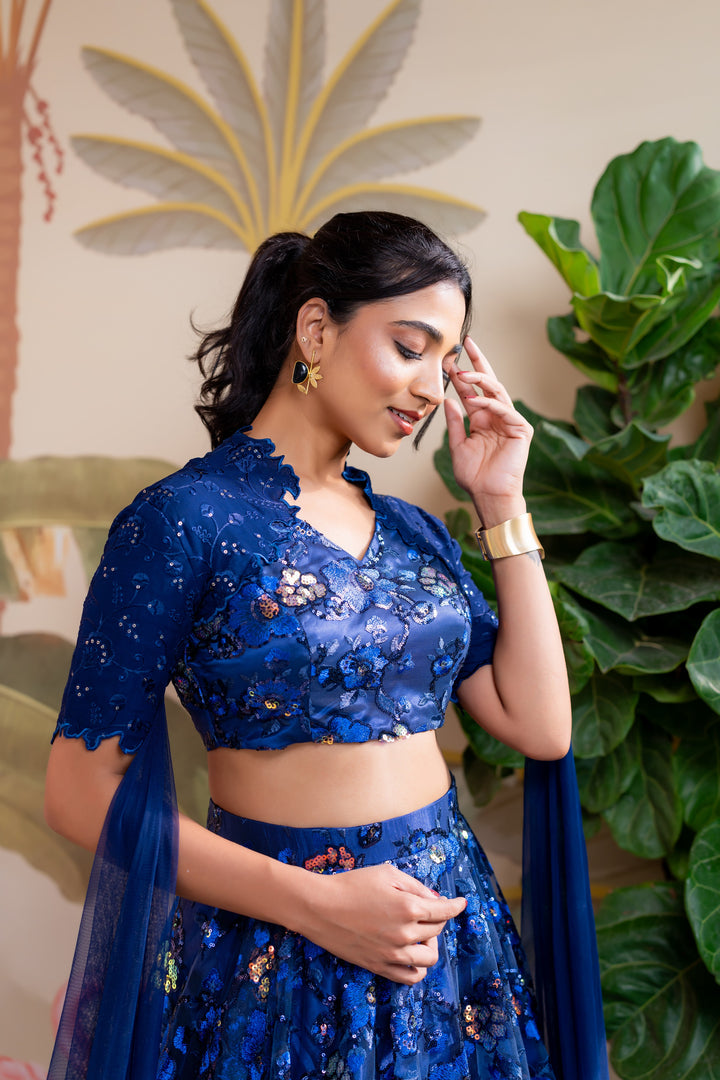 Blue thread and sequin embroidery lehenga