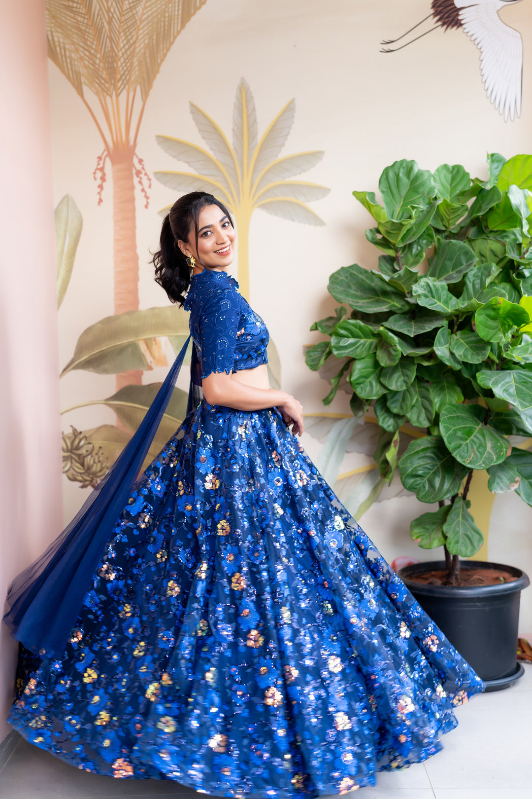 Blue thread and sequin embroidery lehenga