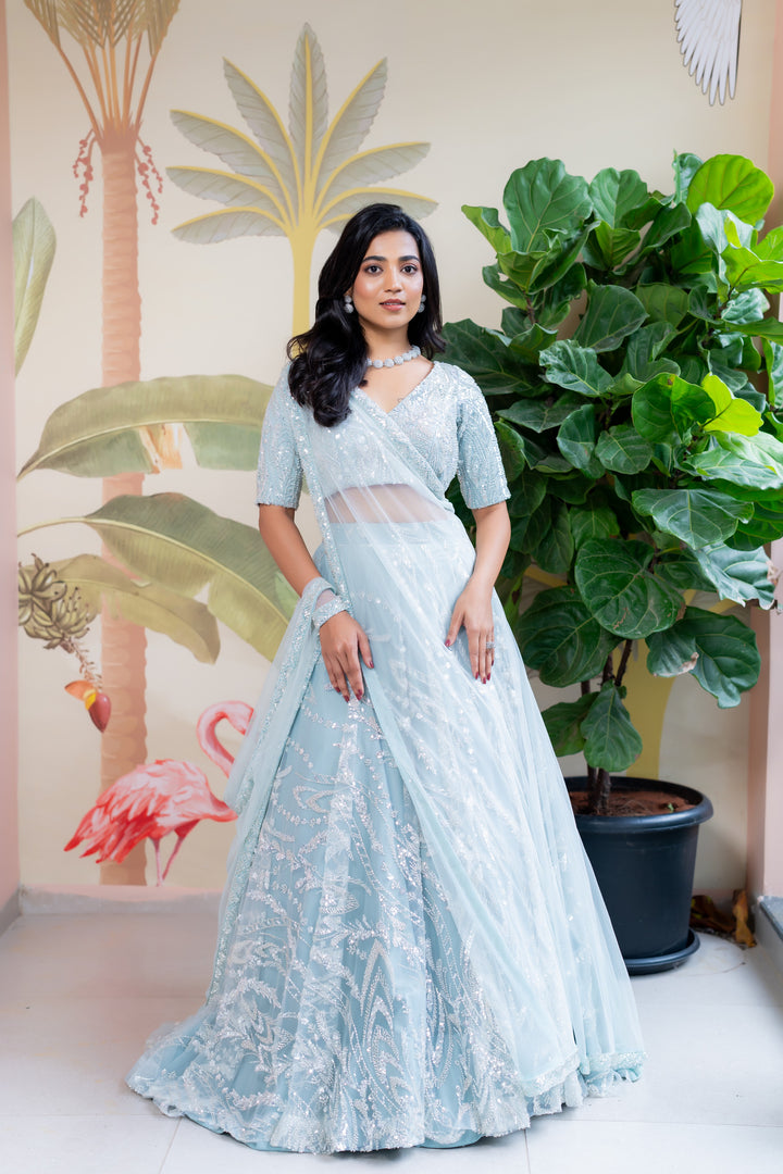 Sea blue embroidery lehenga