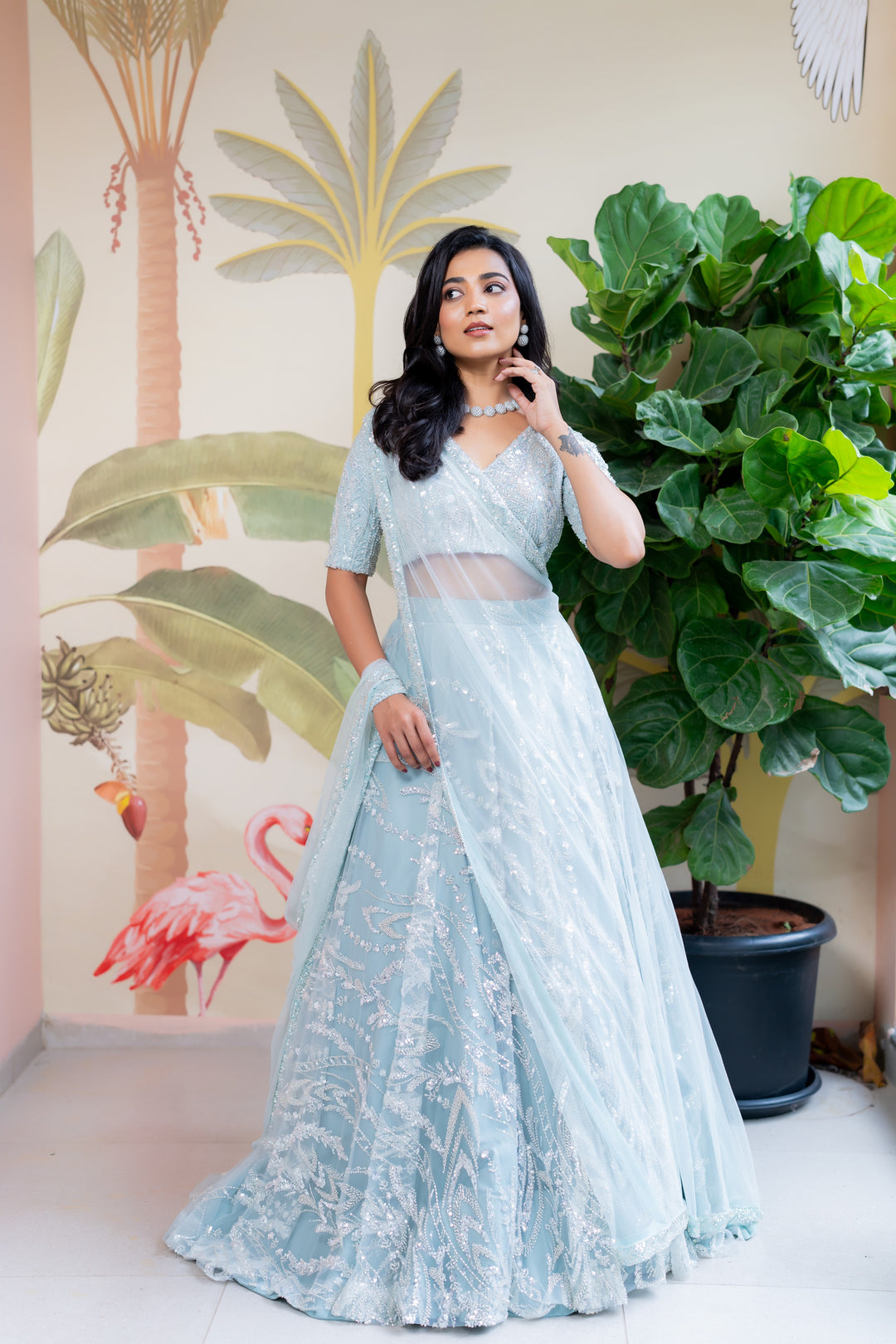 Sea blue embroidery lehenga