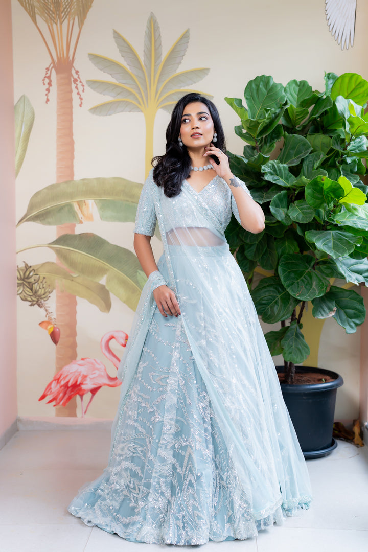 Sea blue embroidery lehenga