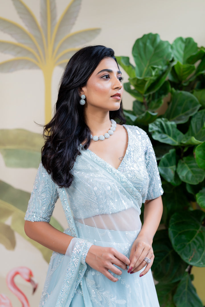 Sea blue embroidery lehenga