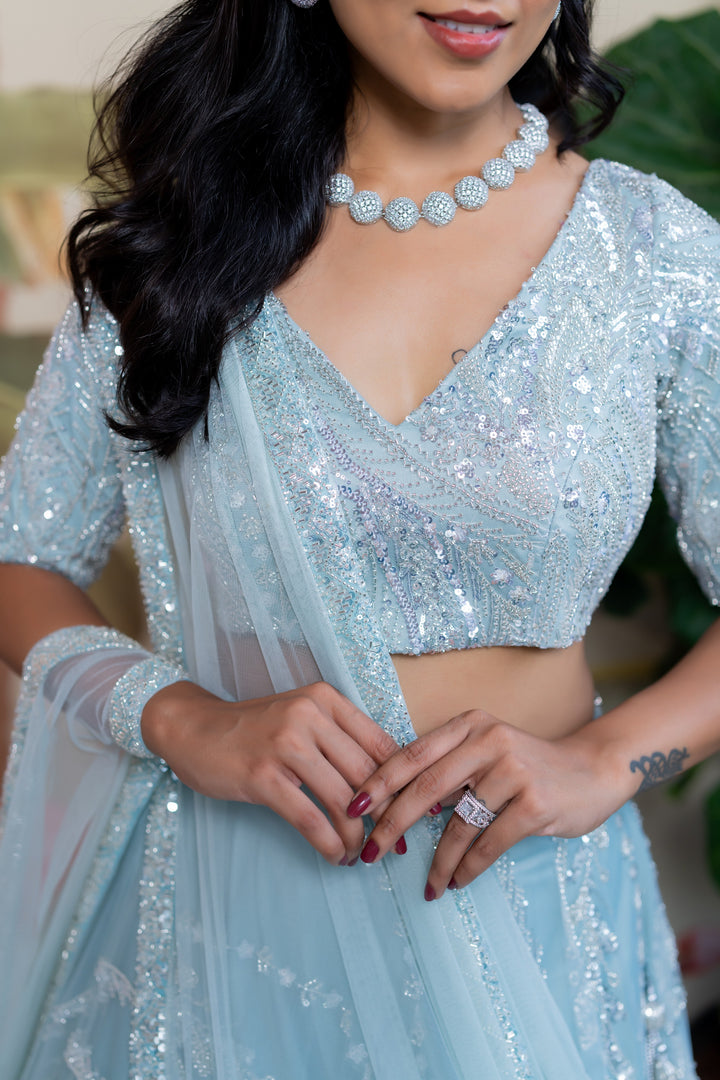 Sea blue embroidery lehenga