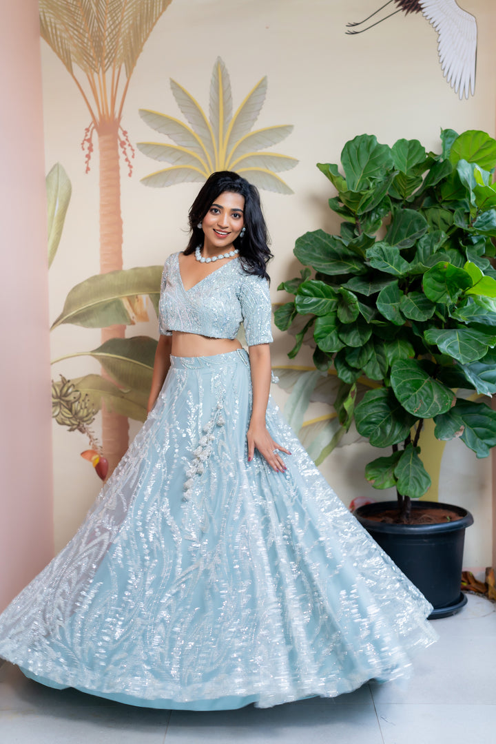 Sea blue embroidery lehenga