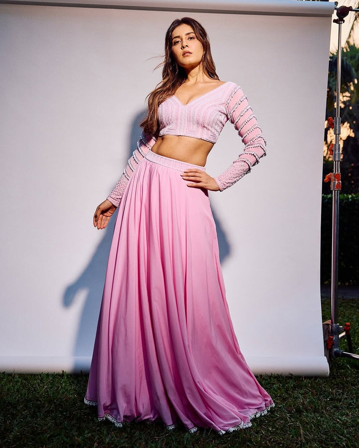 Crepe pink pearl embroidery lehenga