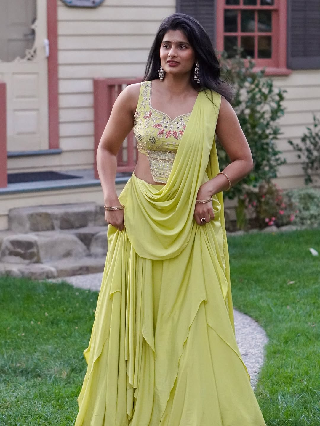 Lime Cascade Drape Lehenga with Hand-Embroidered Designer Blouse