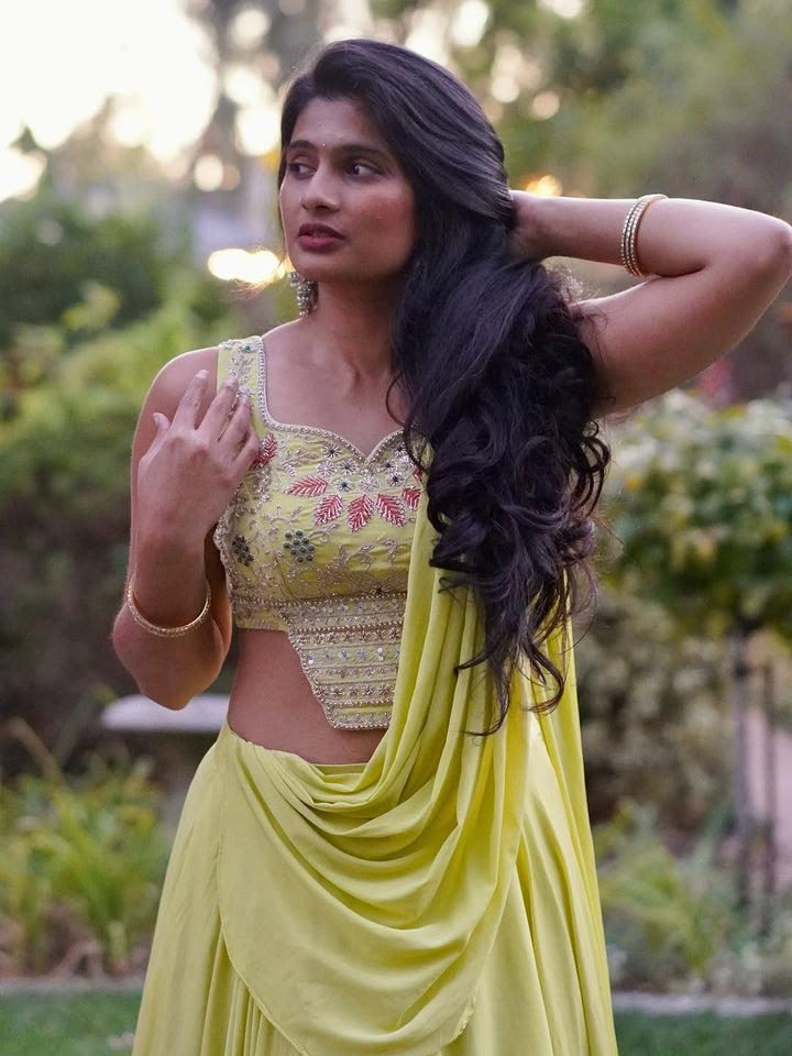 Lime Cascade Drape Lehenga with Hand-Embroidered Designer Blouse