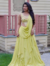 Lime Cascade Drape Lehenga with Hand-Embroidered Designer Blouse