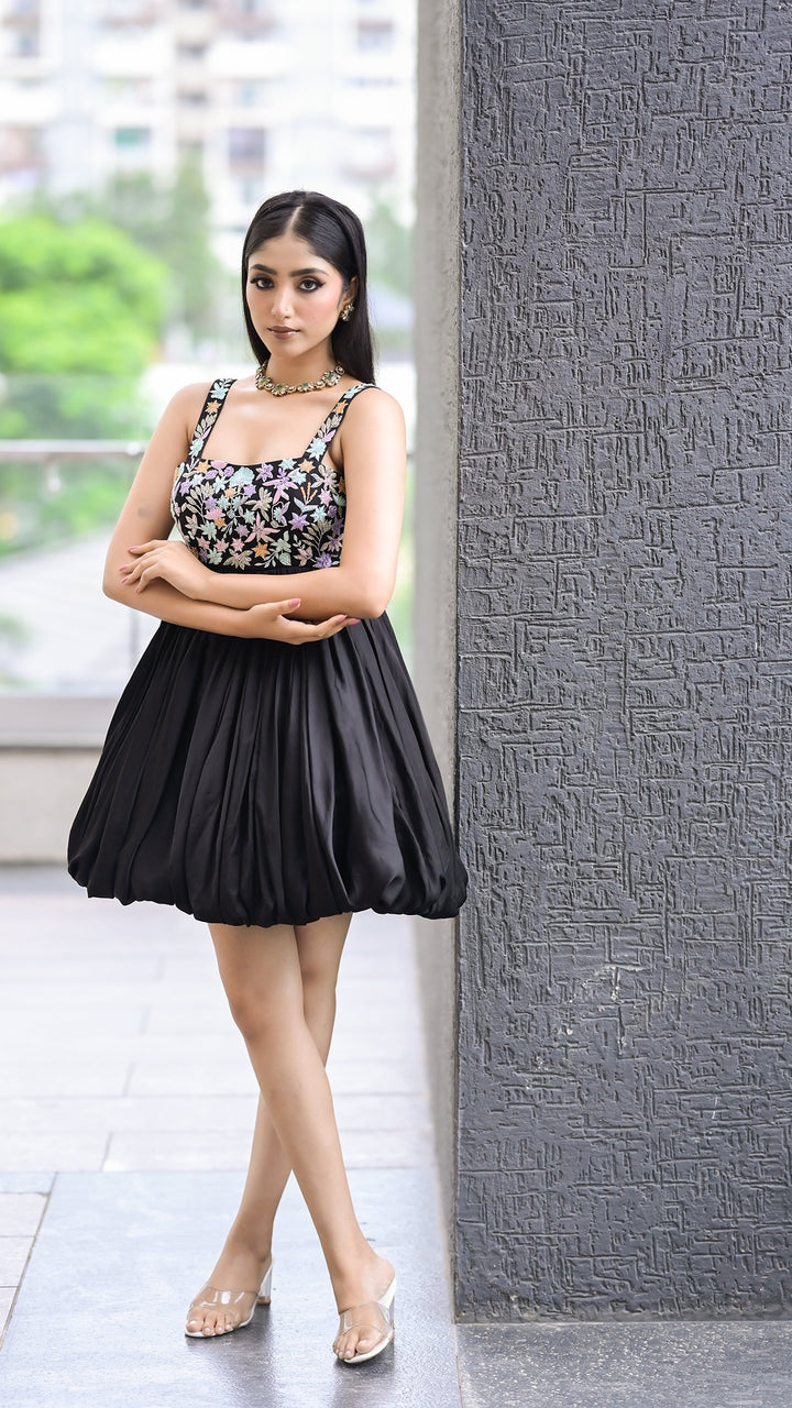 Black Floral Embellished Balloon Mini Dress