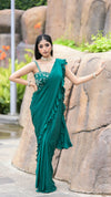 Emerald Green Ruffle Drape Saree with Hand Embroidered Blouse