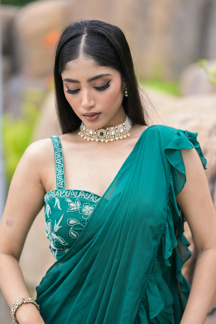 Emerald Green Ruffle Drape Saree with Hand Embroidered Blouse
