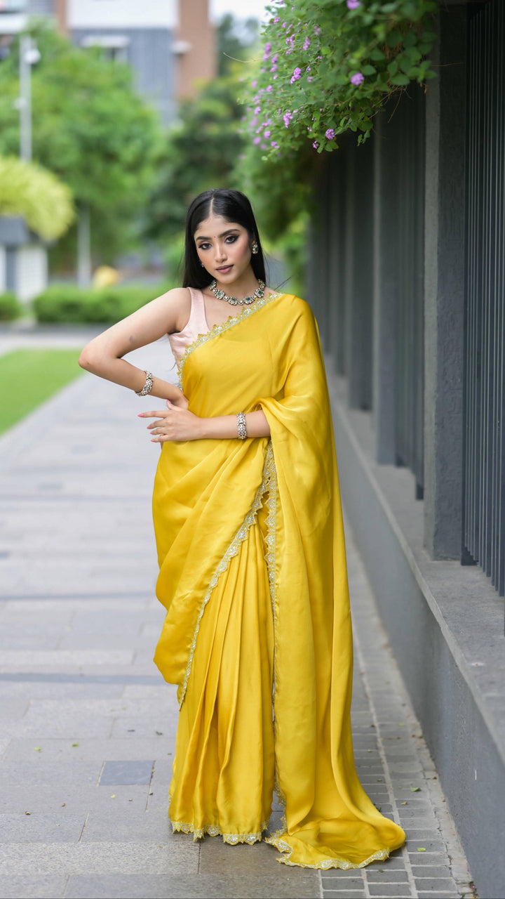 Sunshine Yellow Handcrafted Organza Saree with Embroidered Border