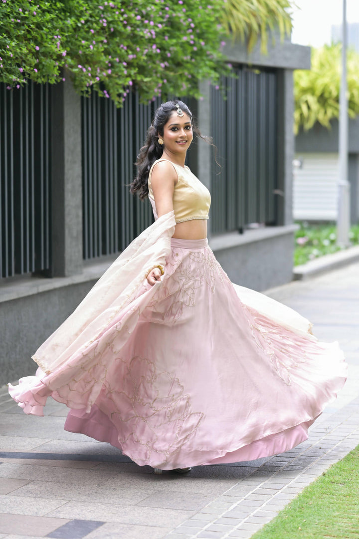 Champagne Gold & Blush Pink Embroidered Lehenga