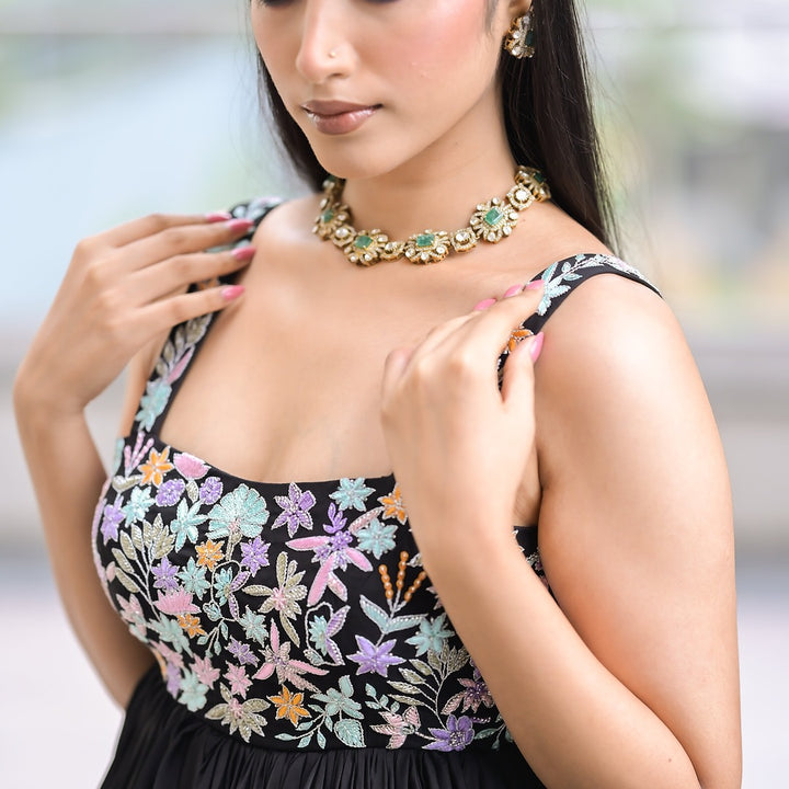 Black Floral Embellished Balloon Mini Dress