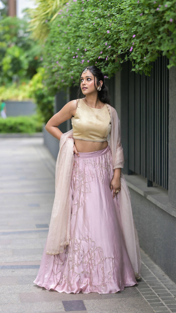 Champagne Gold & Blush Pink Embroidered Lehenga