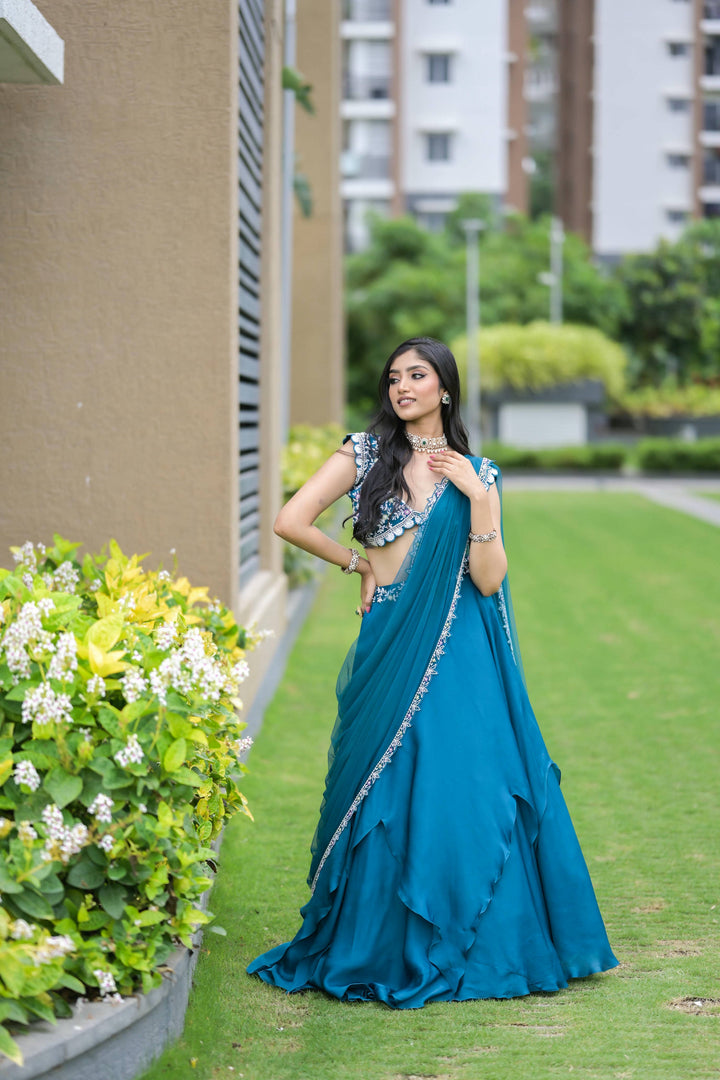 Teal Blue Layered Lehenga with Floral Hand Embroidery Blouse