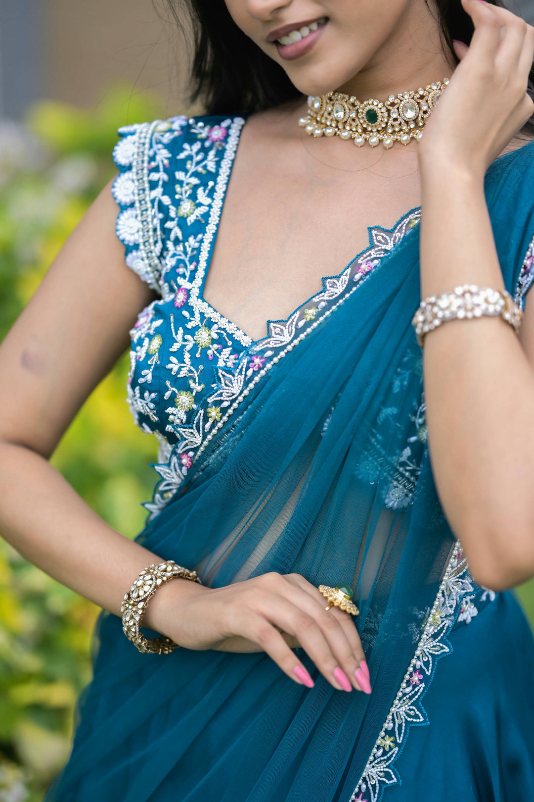 Teal Blue Layered Lehenga with Floral Hand Embroidery Blouse