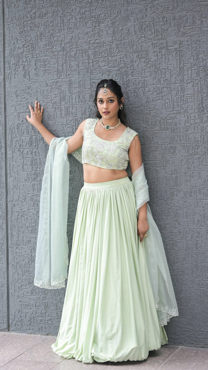 Sage Green Embroidered Lehenga with Silver Threadwork Blouse