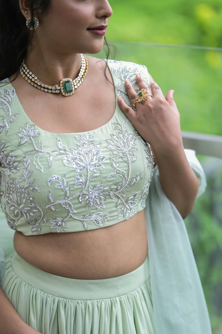 Sage Green Embroidered Lehenga with Silver Threadwork Blouse
