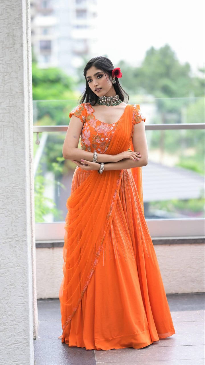Sunburst Orange Floral Embroidered Lehenga