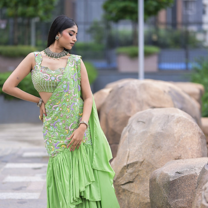 Lime Green Handcrafted Embellished Saree Gown