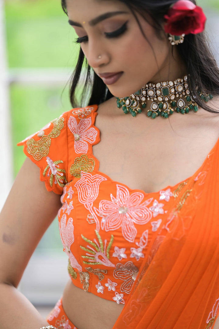 Sunburst Orange Floral Embroidered Lehenga