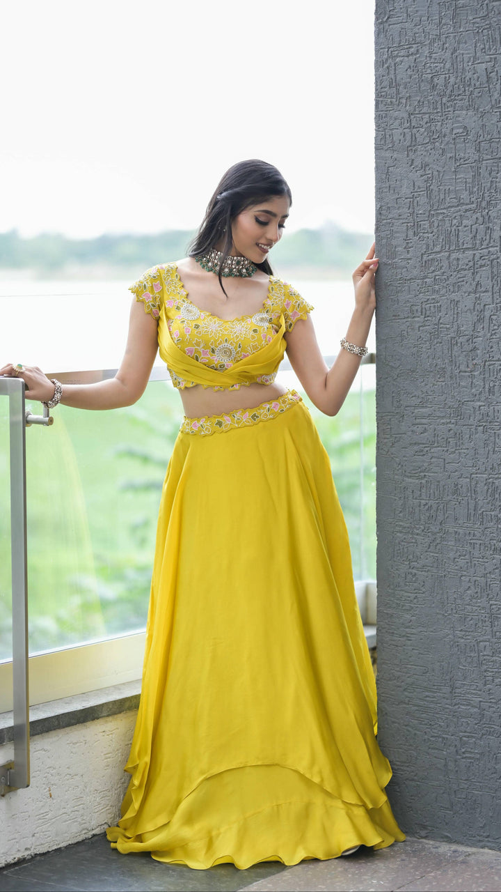 Sunshine Yellow Designer Lehenga with Delicate Thread Embroidery