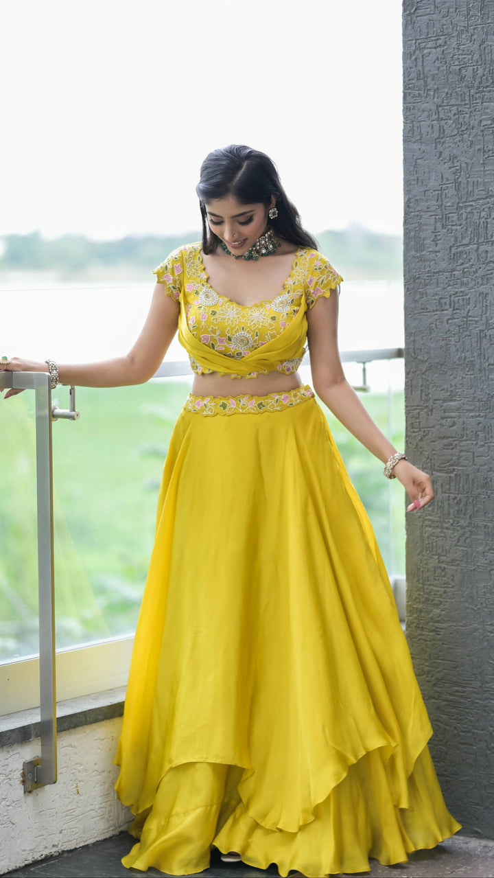 Sunshine Yellow Designer Lehenga with Delicate Thread Embroidery