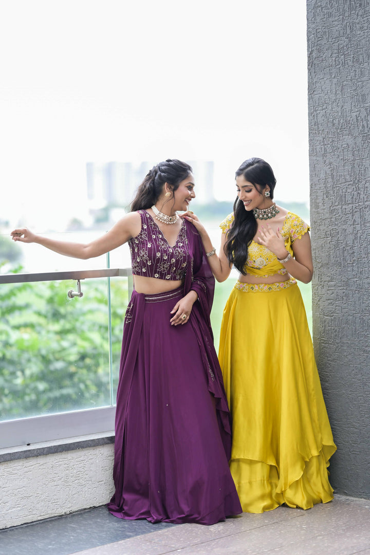 Embellished Plum Lehenga Set with Intricate Thread & Bead Embroidery