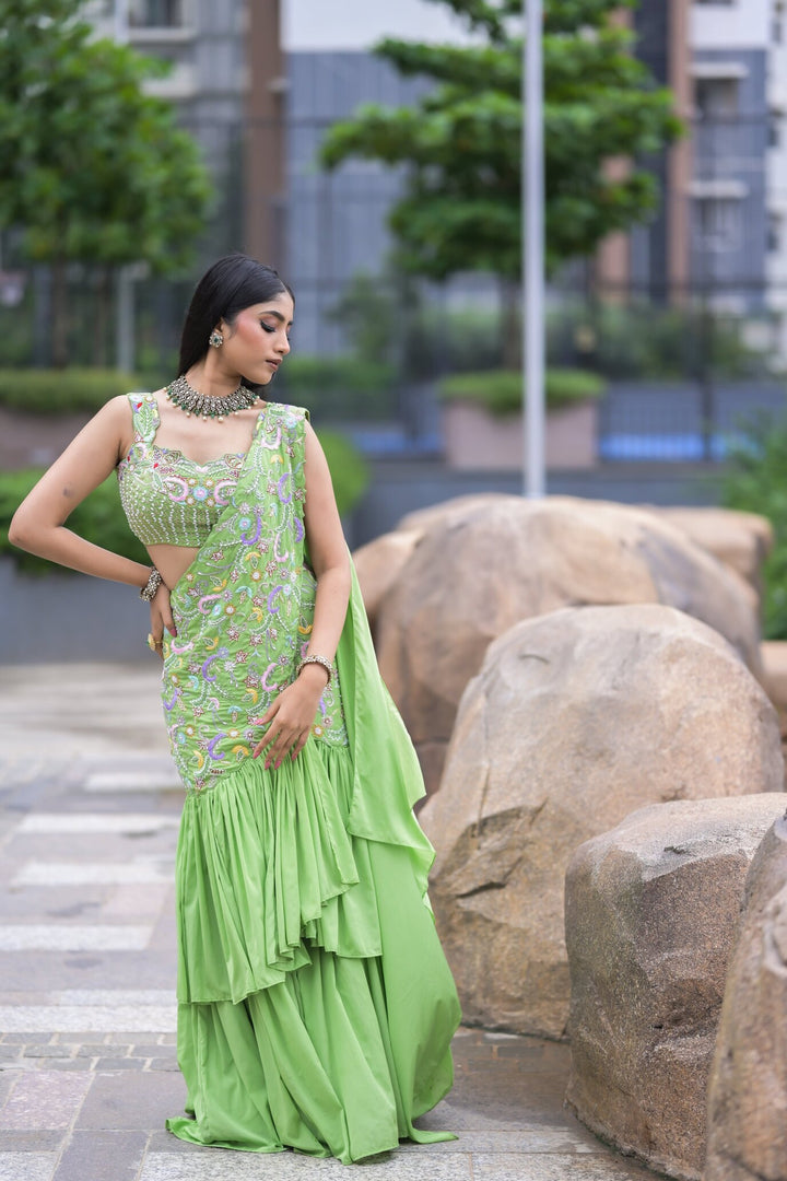 Lime Green Handcrafted Embellished Saree Gown