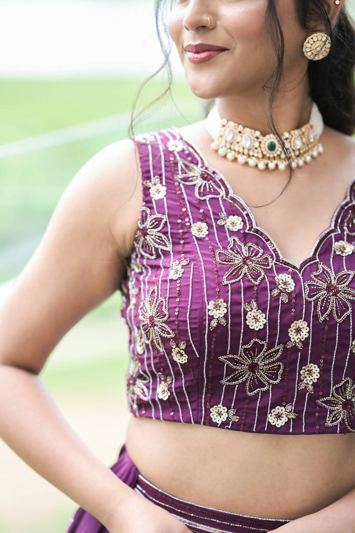 Embellished Plum Lehenga Set with Intricate Thread & Bead Embroidery