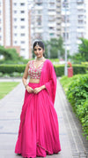 Hot Pink Floral Embroidered Lehenga with Scallop Dupatta