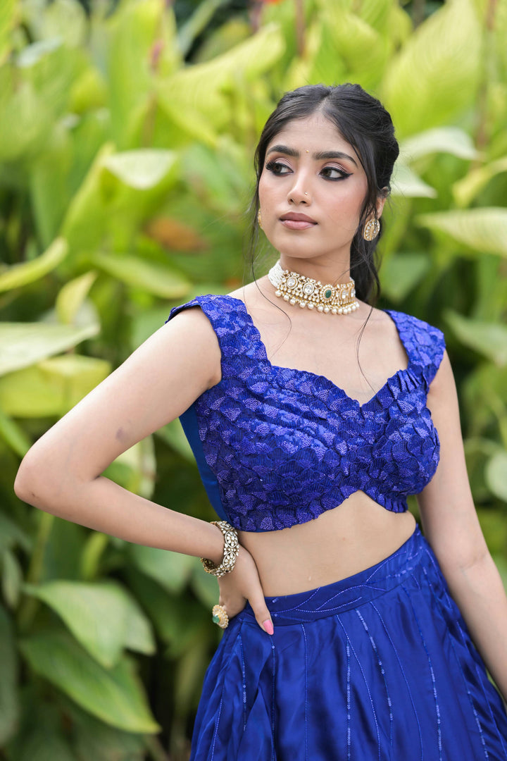 Sapphire Blue Sequin Textured Lehenga with Structured Blouse