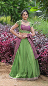 Purple & Parrot Green Lehenga with Embroidered Ruffle Sleeves