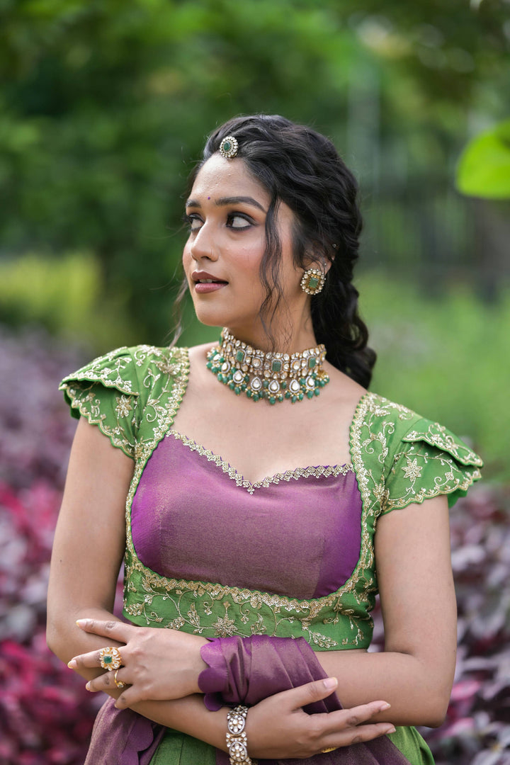 Purple & Parrot Green Lehenga with Embroidered Ruffle Sleeves