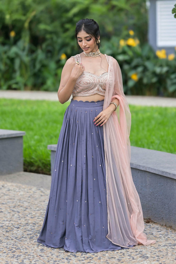 Dusty Mauve Lehenga with Rose Gold Embroidered Blouse & Blush Net Dupatta