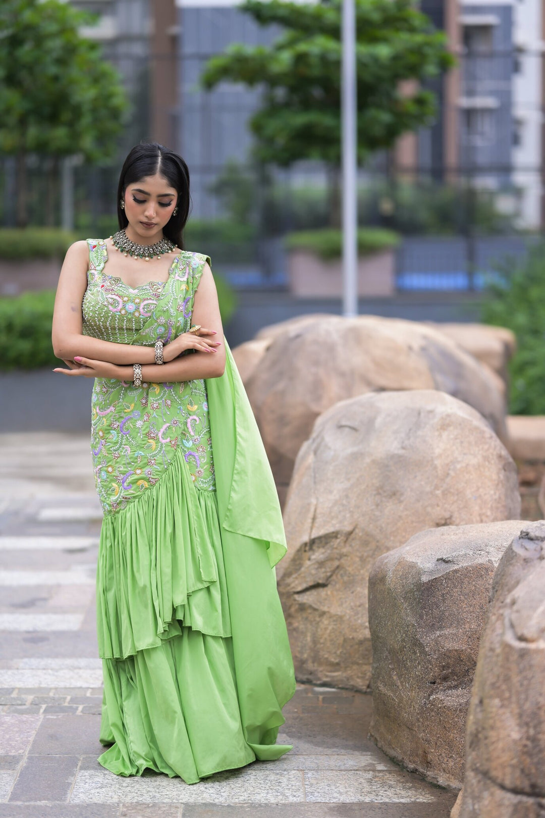 Lime Green Handcrafted Embellished Saree Gown