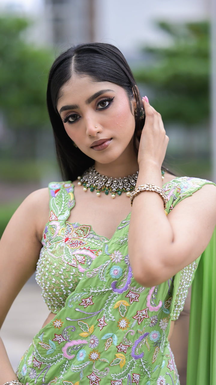 Lime Green Handcrafted Embellished Saree Gown