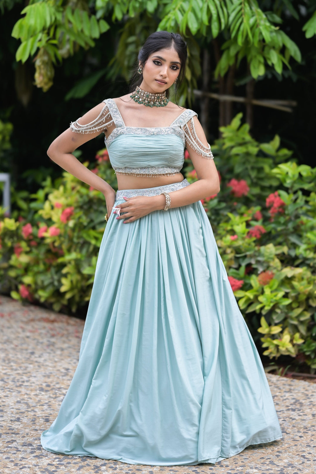 Powder Blue Tassel Shoulder Lehenga with Embellished Blouse